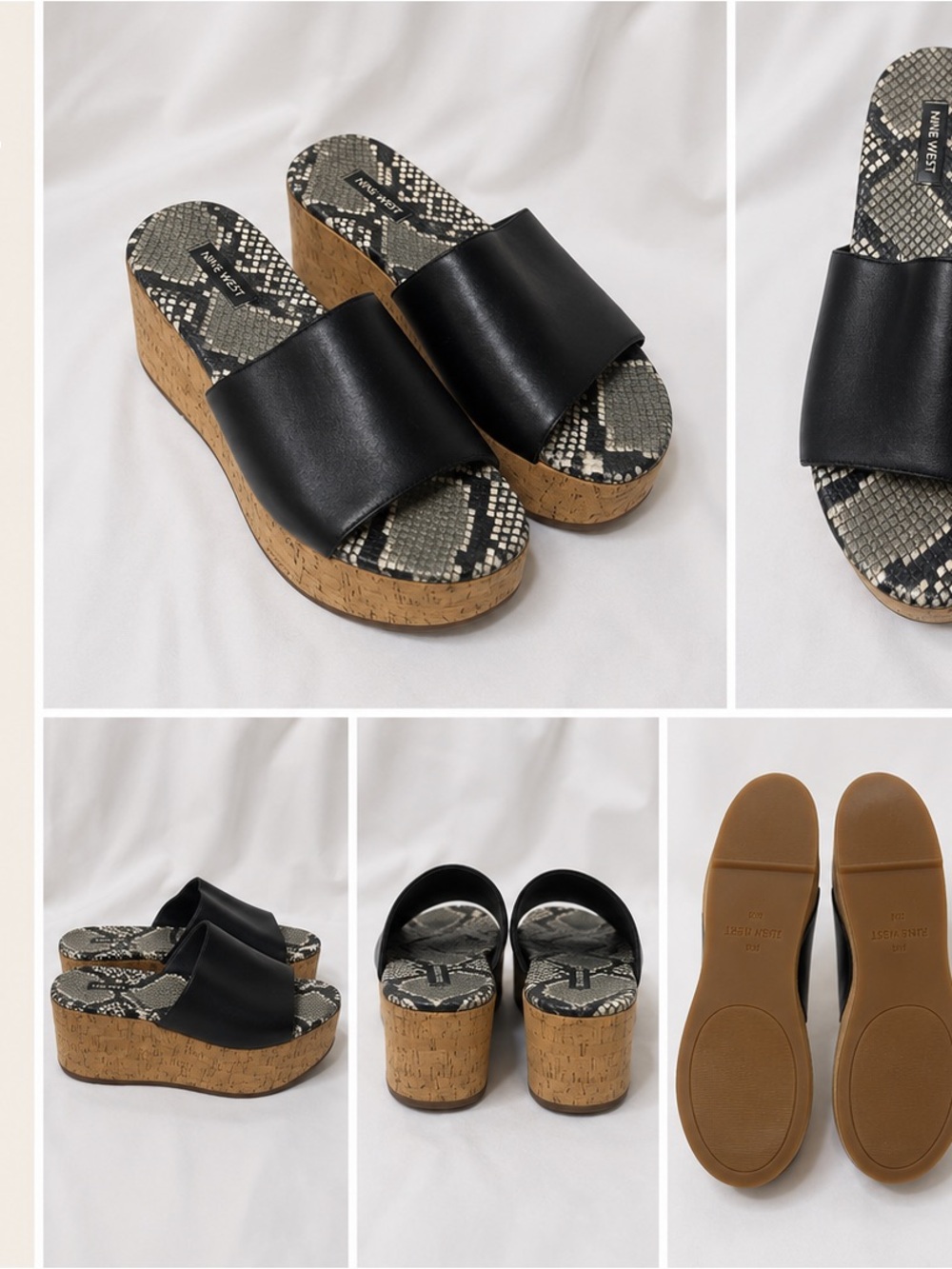 Nine West Black Slide Wedge Sandals with Cork Platform and Snake-Print Insole